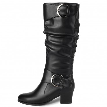 Wide Calf Riding Boots Women Knee High Slouch Round Toe Tall Boots with Buckles