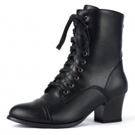 Black Short Ankle Boots Lace Up for Women Side Zipper Victorian Booties Block Chunky Mid Heel