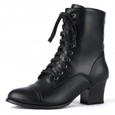 Black Short Ankle Boots Lace Up for Women Side Zipper Victorian Booties Block Chunky Mid Heel
