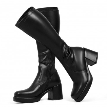 Women Knee High Boots Wide Calf Comfortable Platform Chunky Heel Elastic Sock Stretch Boots Side Zipper
