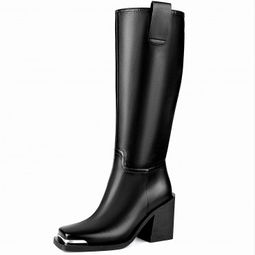 Women Knee High Boots Wide Calf Block Chunky High Heel Side Zipper Riding Boots Metal Square Toe Pull On Tabs