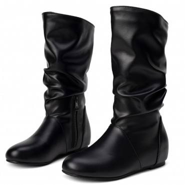 Women Slouch Mid Calf Boots Wid Calf Side Zipper Wedge Flat Heel Comfort Casual Boots Pull On